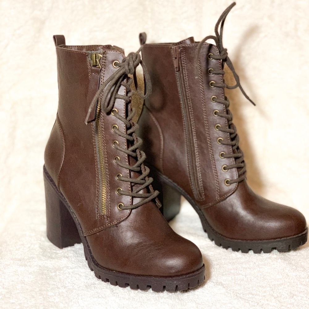Brown heeled combat boots